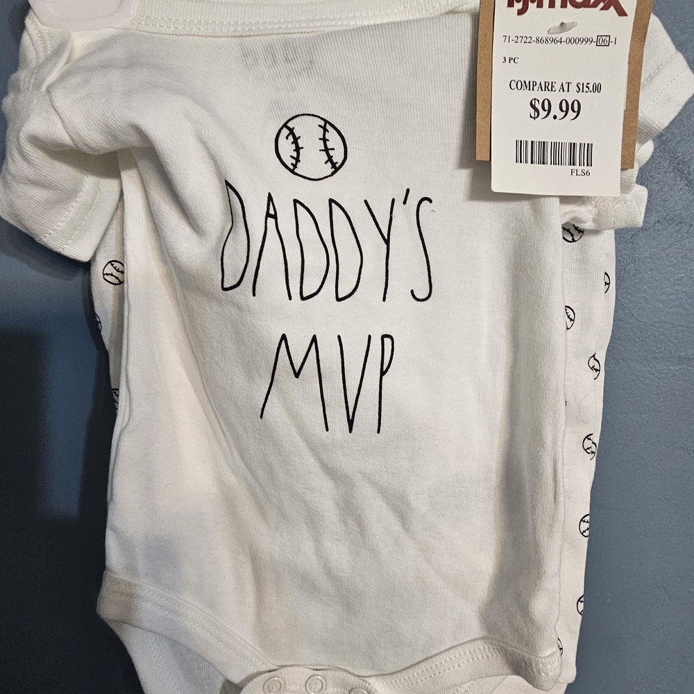 Rae Dunn White Baby Onesie with Baseball Design
